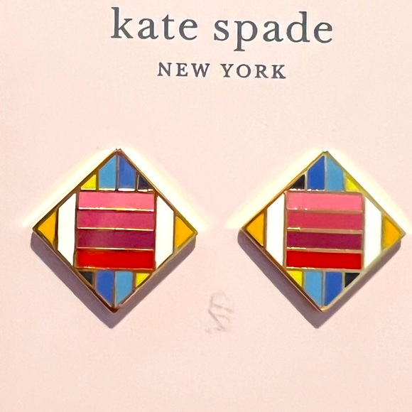 New Kate Spade Gold-Tone Multicolor Patchwork-Style Square Stud Earrings - Picture 5 of 7